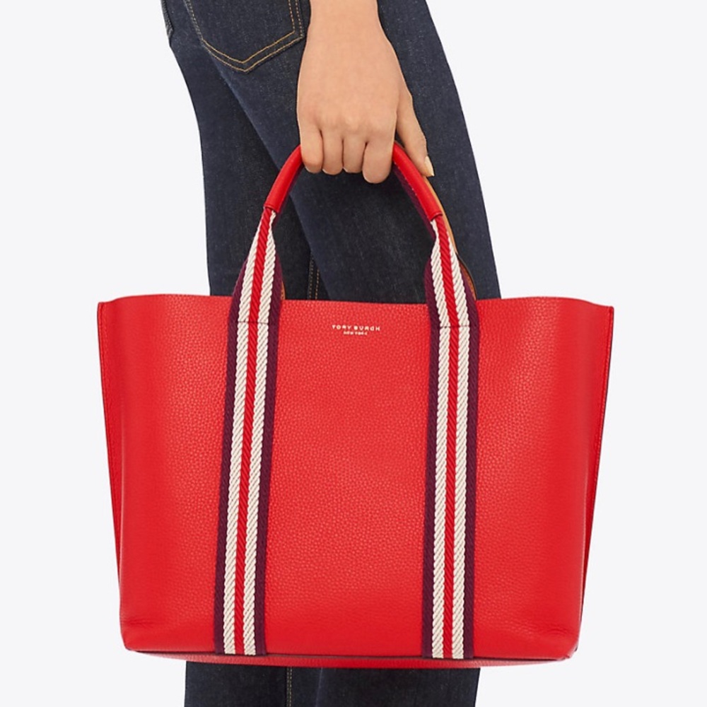 Authentic TORY BURCH LOGO stripe Leather Tote - Picture 10 of 16